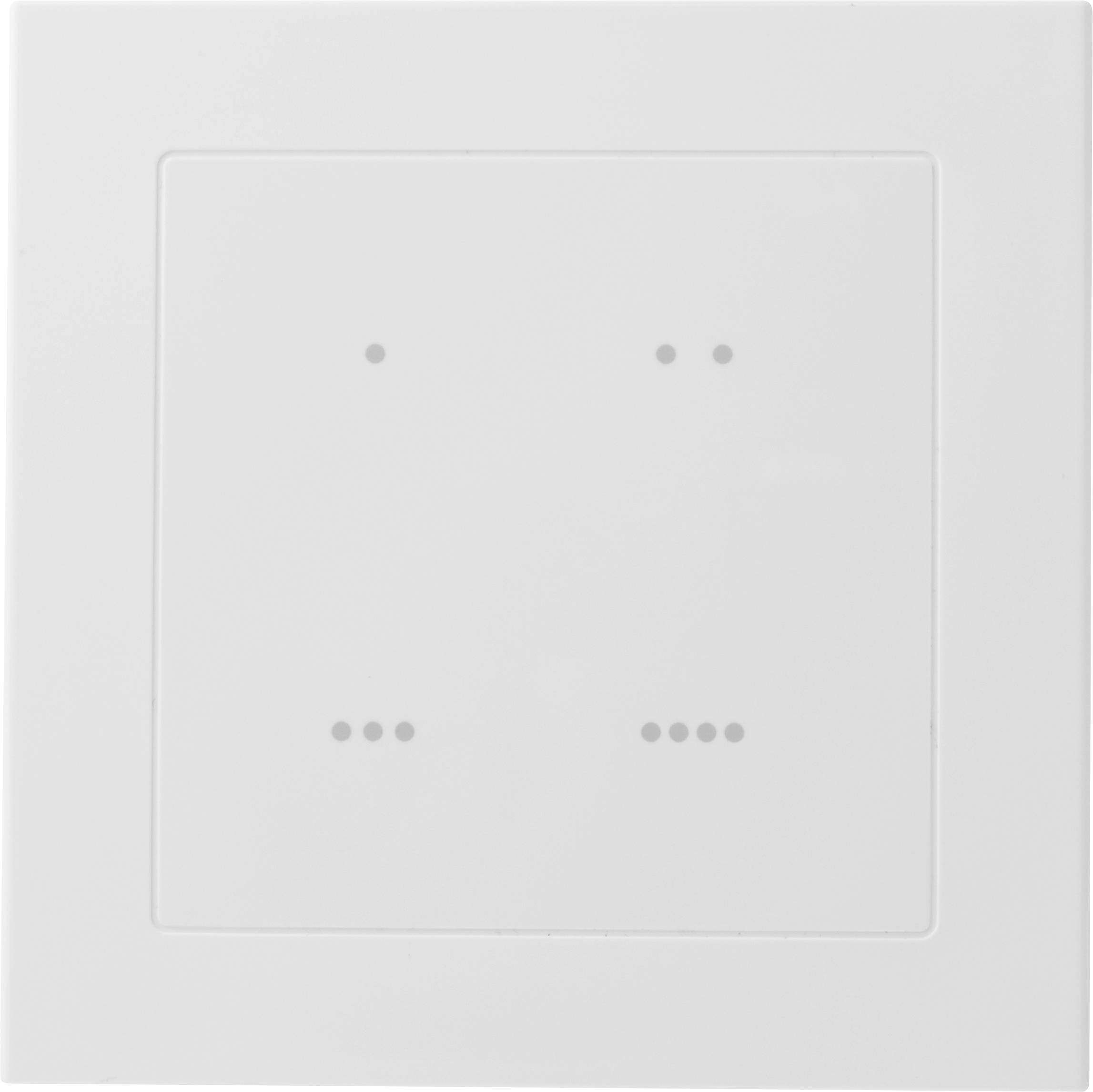 Biały, minimalistyczny przełącznik światła z czterema małymi, symetrycznie rozmieszczonymi punktami.