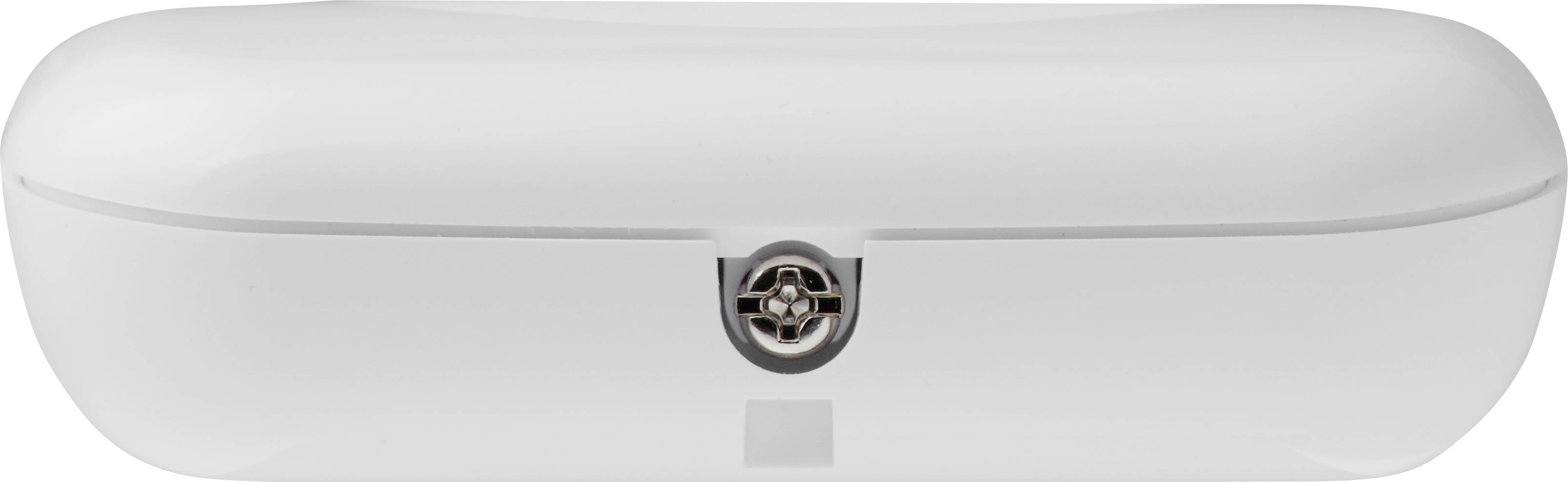 Biała, prostokątna, zamknięta obudowa z centralnym metalowym zawiasem.