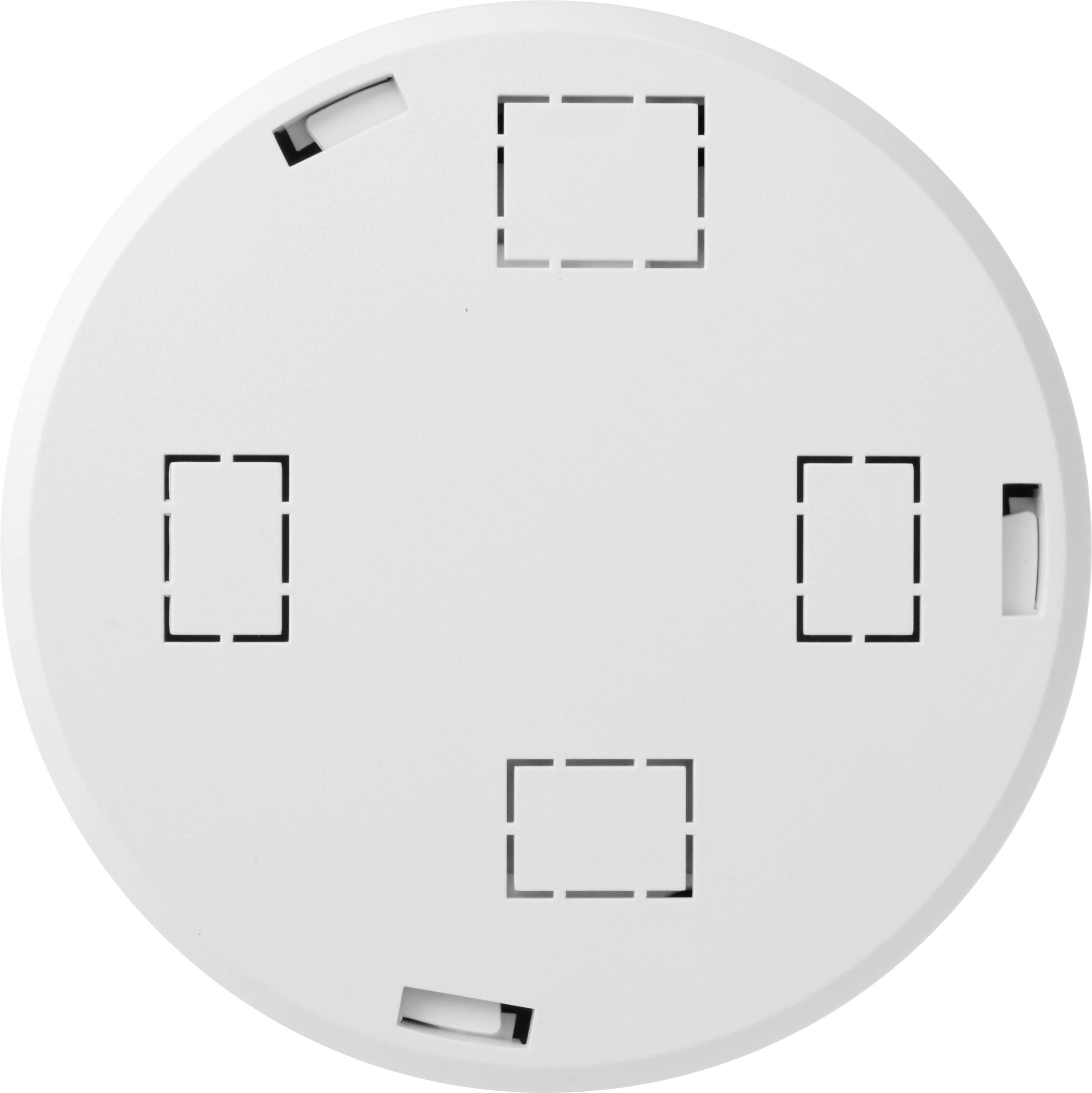 Okrągły, biały czujnik dymu z kilkoma prostokątnymi otworami wentylacyjnymi, zamontowany na suficie.