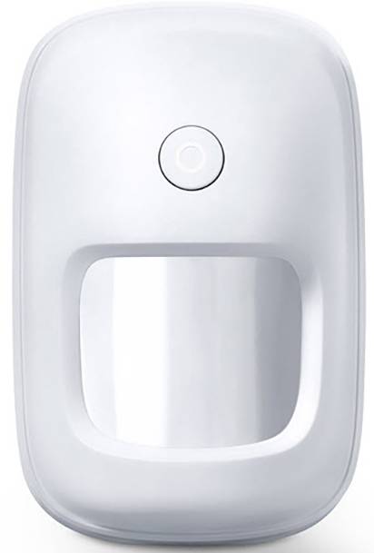 Biały czujnik ruchu o zaokrąglonych krawędziach z centralnym przyciskiem, odpowiedni do systemów bezpieczeństwa lub oświetleniowych.