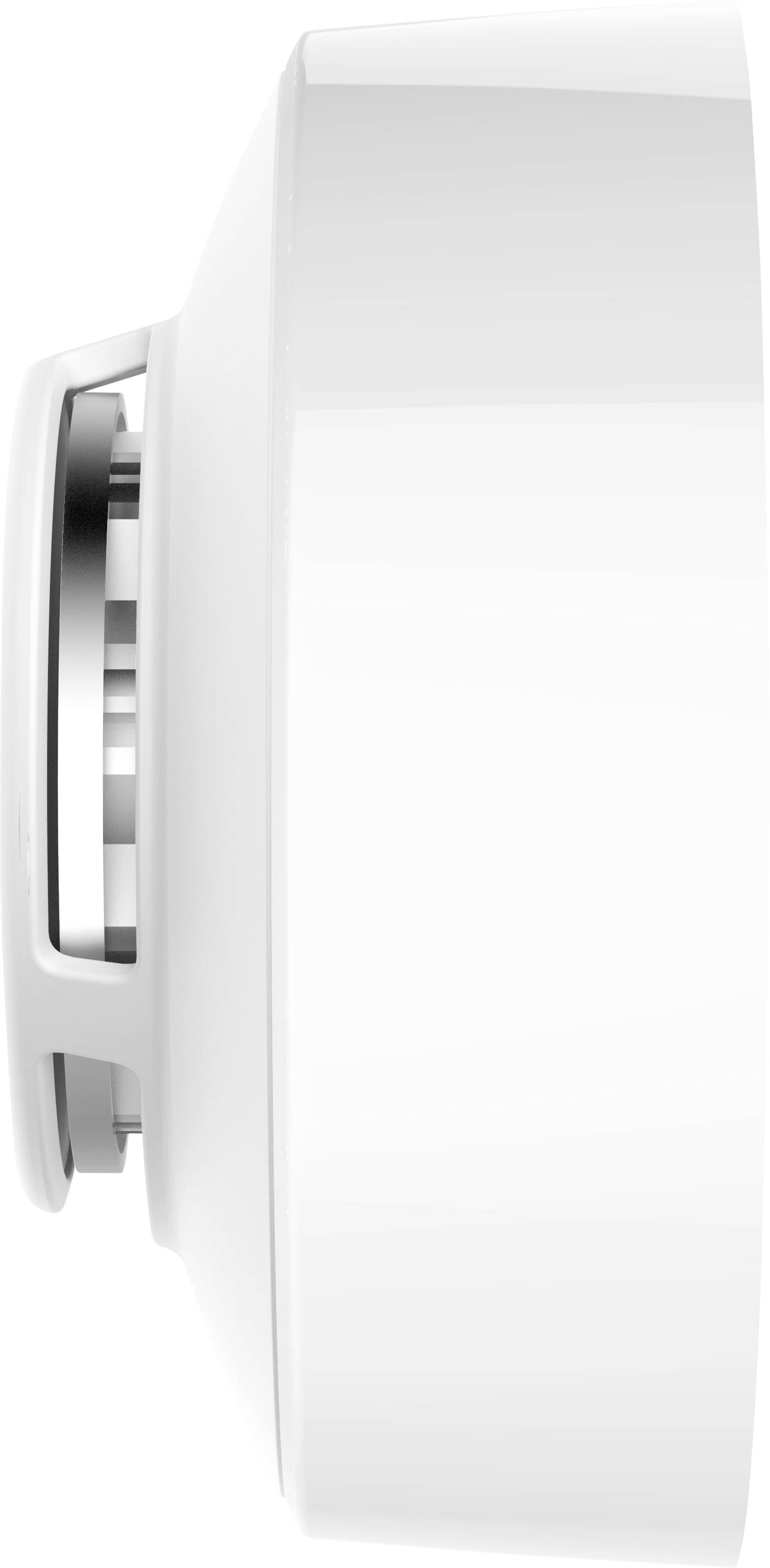 Ujęcie z boku białego, okrągłego urządzenia z wskaźnikami po jego stronie.