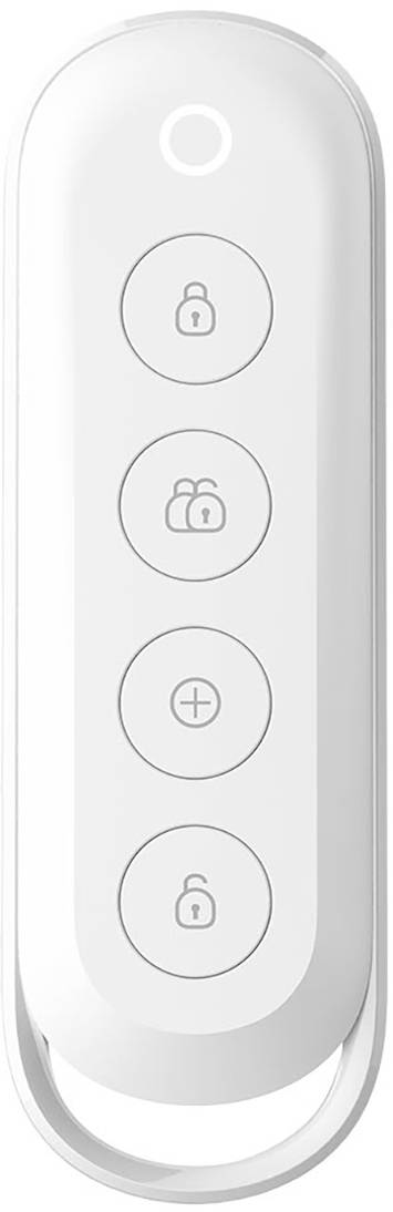 Pilot zdalnego sterowania z czterema przyciskami symbolicznymi: zamknięty zamek, otwarty zamek, znak plus i kolejny otwarty zamek.