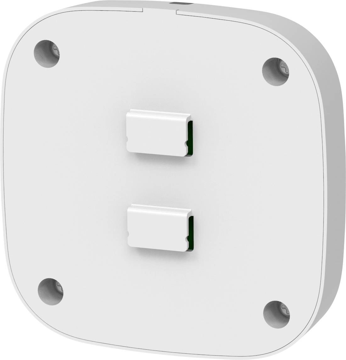 Tylna strona białego urządzenia kwadratowego z dwoma prostokątnymi zaciskami mocującymi i czterema otworami śrubowymi w narożnikach.