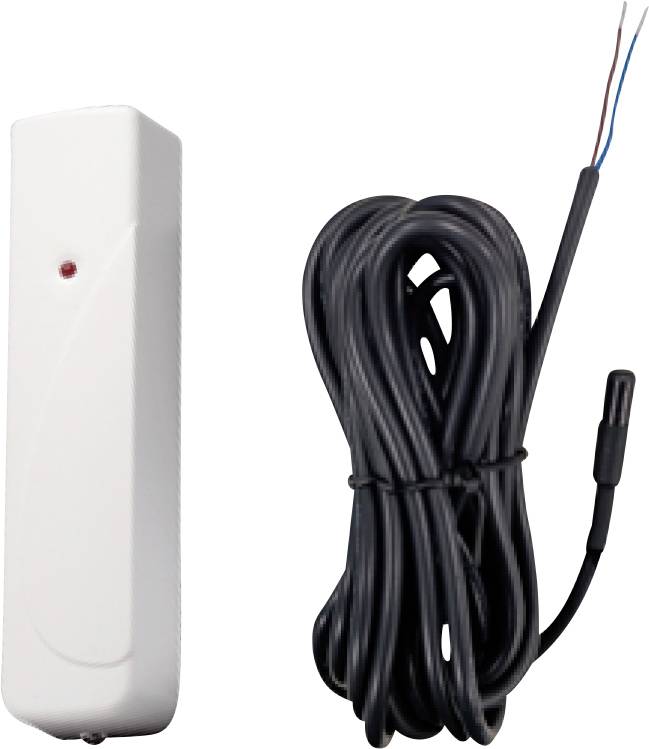 Biały czujnik temperatury z przewodem; używany do pomiaru warunków otoczenia w systemach elektronicznych.