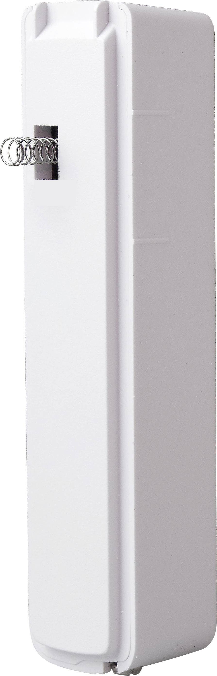 Białe, pionowe urządzenie prostokątne z małym, wystającym mechanizmem metalowej sprężyny z boku.