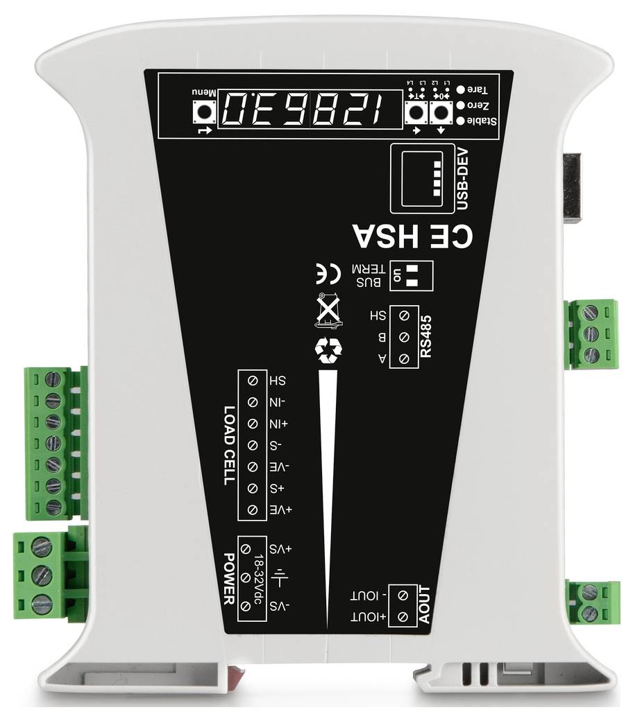 Wyświetlacz elektronicznej jednostki tensometrycznej z wyświetlaczem cyfrowym, zaciskami przyłączeniowymi i różnymi wejściami sensorycznymi.