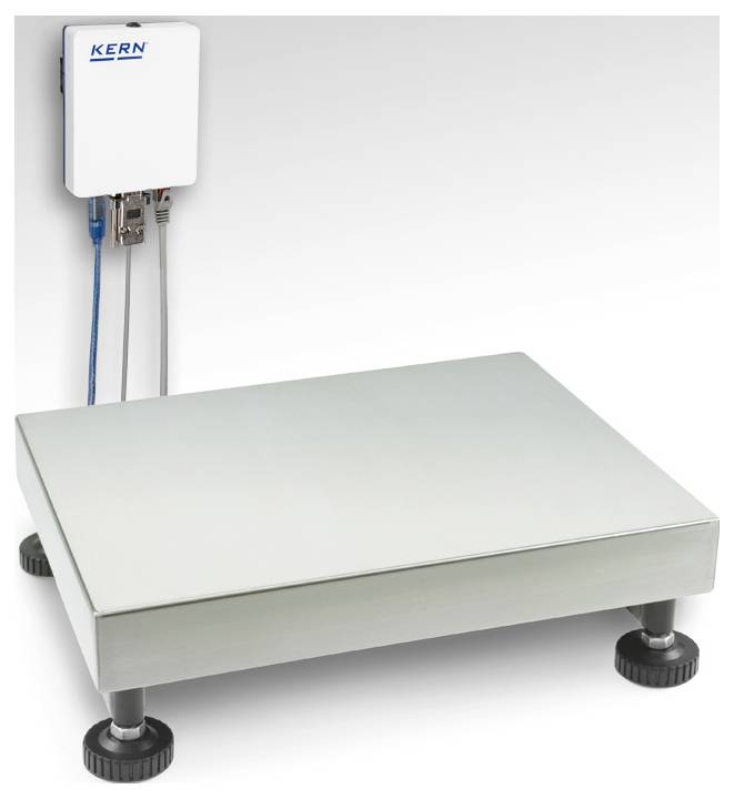 Waga przemysłowa z platformą ze stali nierdzewnej i cyfrowym wyświetlaczem. Odpowiednia do precyzyjnego pomiaru masy w zastosowaniach przemysłowych.