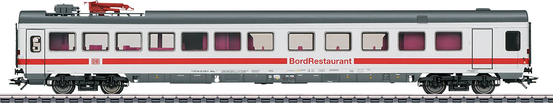 Nowoczesny wagon restauracyjny kolei z czerwonym napisem 'BordRestaurant', srebrną外贝壳 i czerwonymi obramowaniami okien.