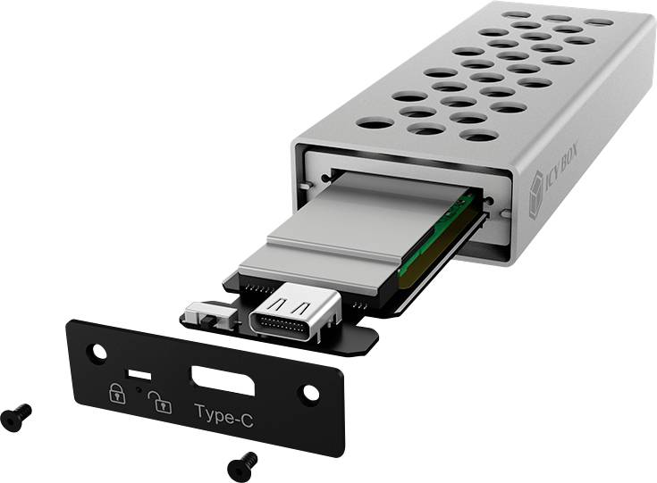 Zewnętrzna obudowa SSD z gniazdem USB-C i otworami wentylacyjnymi, otwarta, ukazująca miejsce na dysk twardy.
