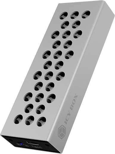 Srebrzyste, prostokątne obudowa z otworami wentylacyjnymi. Logo 'ICY BOX' po jednej stronie. Widoczne złącze USB i wskaźnik świetlny.