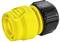 Żółto-czarny plastikowy złącz do węża ogrodowego, pasujący do standardowych węży ogrodowych, umożliwiający łatwe łączenie i rozłączanie.