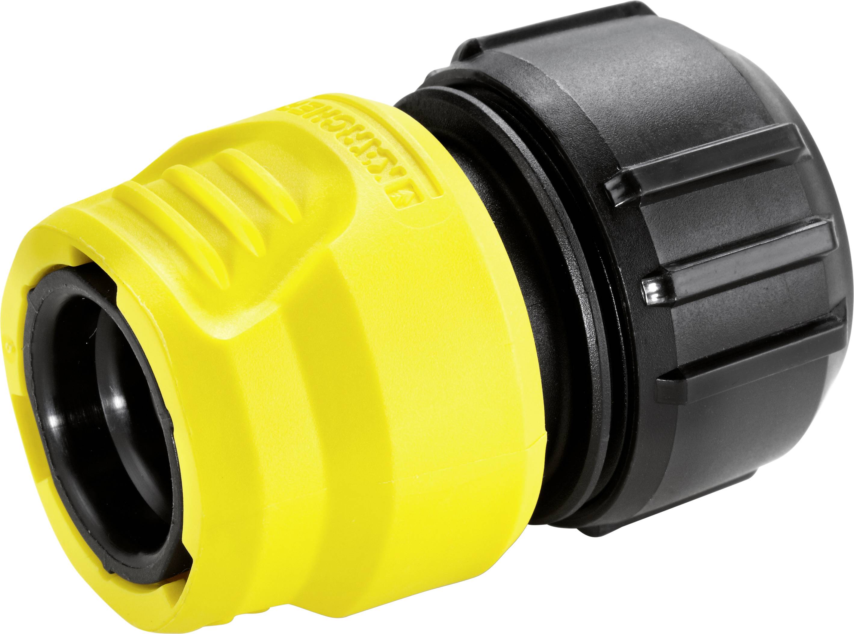 Żółty i czarny złącz do węża ogrodowego, przedstawiony w powiększeniu, prezentuje design i strukturę materiału.