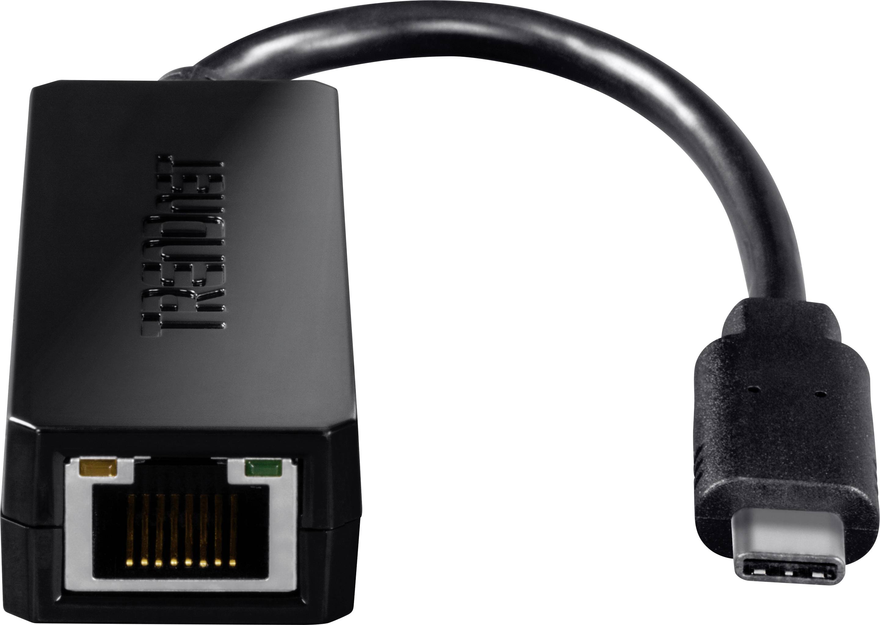 Czarny adapter Ethernet z portem USB-C, odpowiedni do przewodowych połączeń sieciowych.