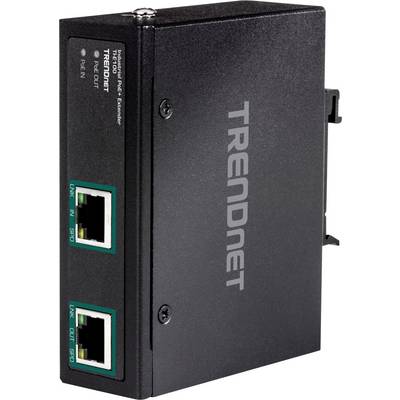 Czarny rozdzielacz PoE firmy TRENDnet z Gigabitem, wyposażony w dwa porty Ethernet, służący do przedłużania połączeń sieciowych na duże odległości.