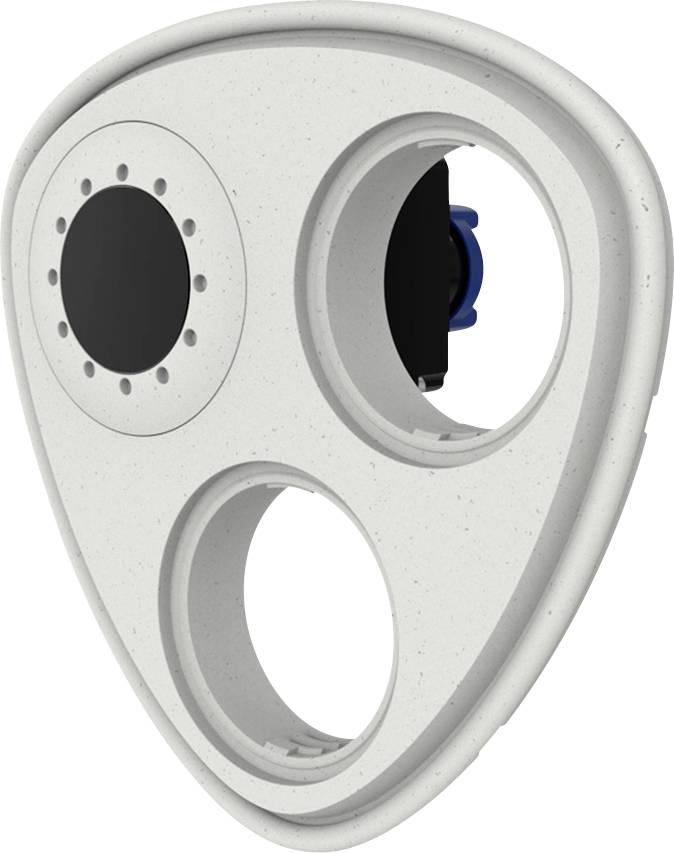 Trójkątny, biały, nowoczesny głośnik z trzema okrągłymi otworami, przeznaczony do wysokiej jakości odtwarzania dźwięku.