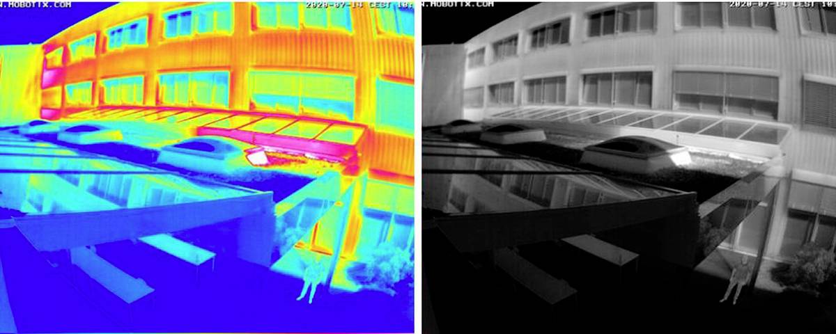 Budynek ze szklanym dachem w dwóch ujęciach: po lewej zdjęcie termalne, po prawej ten sam obraz w odcieniach szarości.