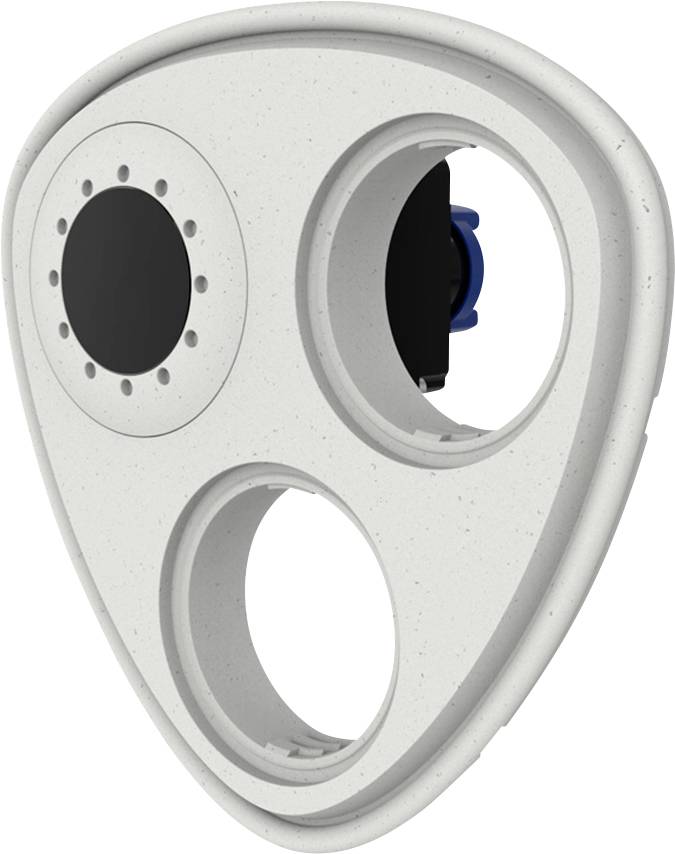 Owalny, biały uchwyt z tworzywa sztucznego z trzema okrągłymi otworami, z czego dwa są zajęte. Po lewej stronie u góry przezroczysta pokrywa z czarnym centrum. Po prawej stronie ciemnoniebieska komponenta.
