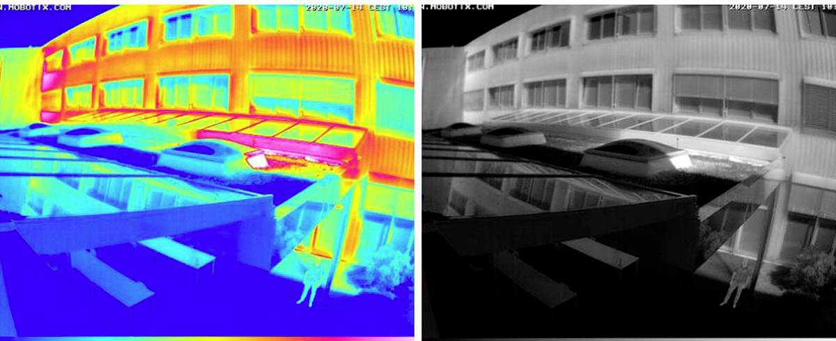 Dwie fotografie budynku: po lewej zdjęcie z kamery termowizyjnej z kontrastami kolorów, po prawej zdjęcie w spektrum światła widzialnego.