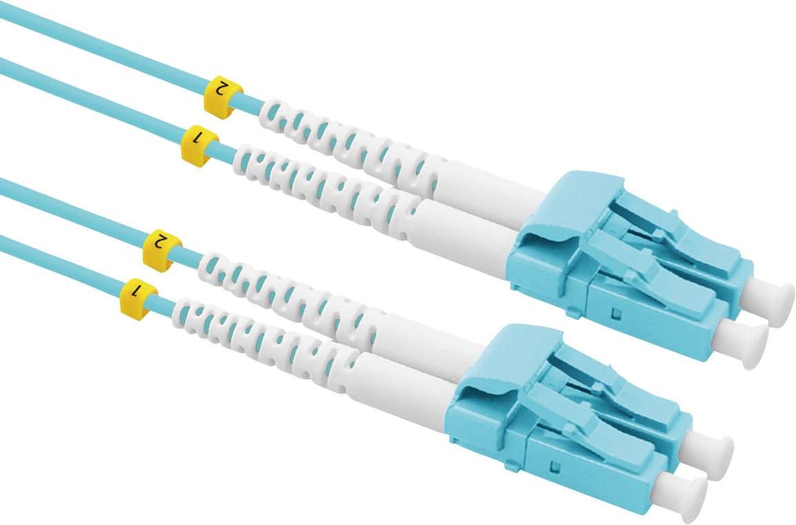 Dwa niebieskie kable światłowodowe z wtyczkami LC przedstawiają końcowe połączenia. Żółte oznaczenia z cyframi 1 i 2 identyfikują kable.