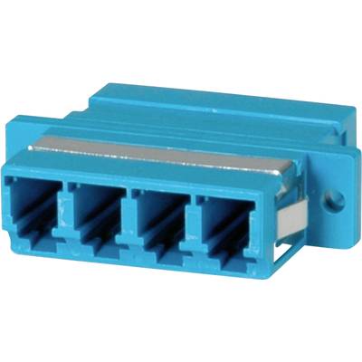Niebieski adapter LC-Quad do kabli światłowodowych, wyposażony w cztery gniazda przyłączeniowe. Służy do łączenia wielu przewodów światłowodowych.