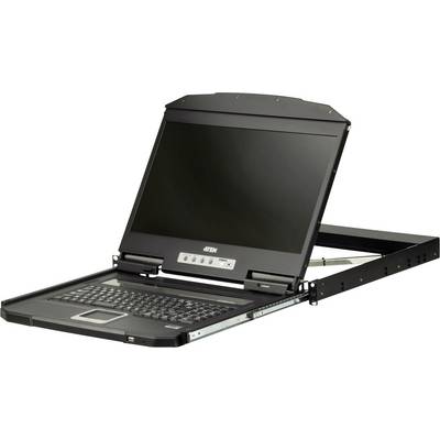 Wysuwany laptop z ekranem i klawiaturą w czarnej obudowie rack-mount, rozłożony i gotowy do pracy.