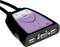 Czarny przełącznik KVM z dwoma portami USB, złączem VGA i fioletowym elementem sterującym. Odpowiedni do przełączania między dwoma komputerami.