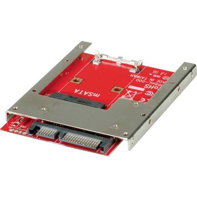 Płytka adaptera o czerwonej powierzchni, łącząca dysk SSD mSATA z złączem SATA, jest trzymana w metalowej ramce.
