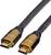 Czarny kabel HDMI ze złotymi złączami z napisem 'HDMI'.