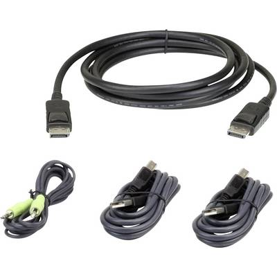 Zestaw czterech kabli: kabel DisplayPort, dwa kable USB oraz kabel audio z zielonym wtykiem.