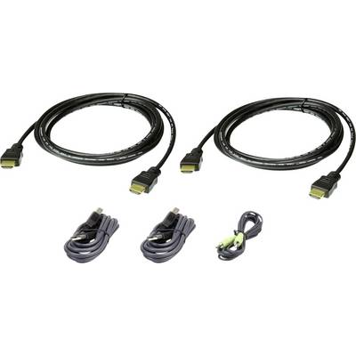 Dwa czarne kable HDMI oraz trzy kable audio z wtyczkami w kolorach zielonym i czarnym, odpowiednie do połączeń audio i wideo.