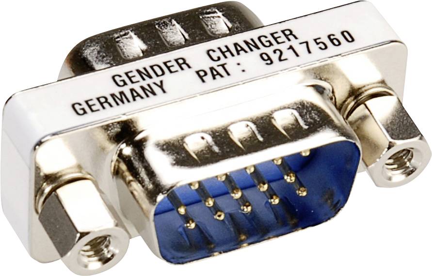 Adapter "Gender Changer" do złącza VGA, z niebieskim wnętrzem, obudowa wykonana z błyszczącego metalu.