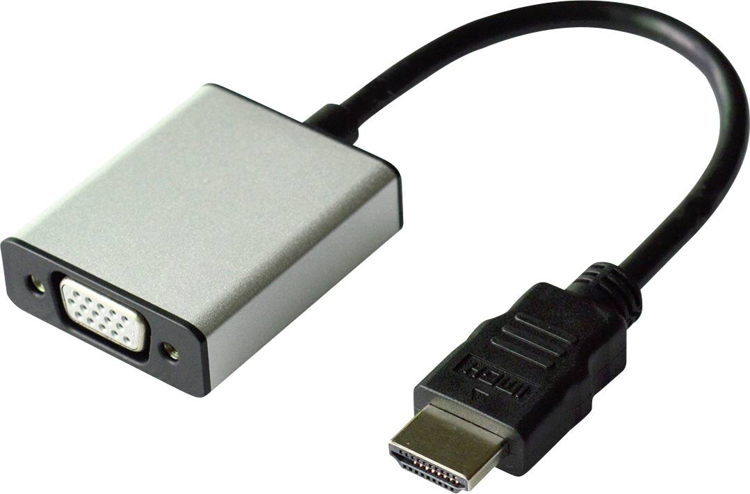 'Adapter HDMI na VGA z czarnym kablem i obudową w kolorze srebrnym, używany do podłączania urządzeń kompatybilnych z HDMI do monitorów VGA.'