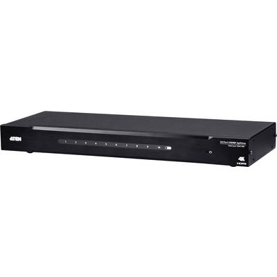 Czarny rozdzielacz HDMI z wieloma gniazdami z przodu, przeznaczony do dystrybucji sygnału wideo w wysokiej rozdzielczości.
