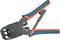 Ręczne szczypce zaciskowe z niebiesko-czerwonym uchwytem do obróbki kabli, pokazane w pozycji otwartej; stosowane do prac z kablami koncentrycznymi lub sieciowymi.