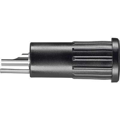 Czarny, cylindryczny adapter z metalowymi stykami, prawdopodobnie element elektrycznego systemu złącznego.