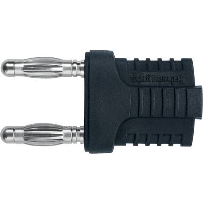 Czarny adapter wtykowy bananowy z dwoma metalowymi wtyczkami i rowkowaną powierzchnią. Napis 'Schützinger' na wtyku.