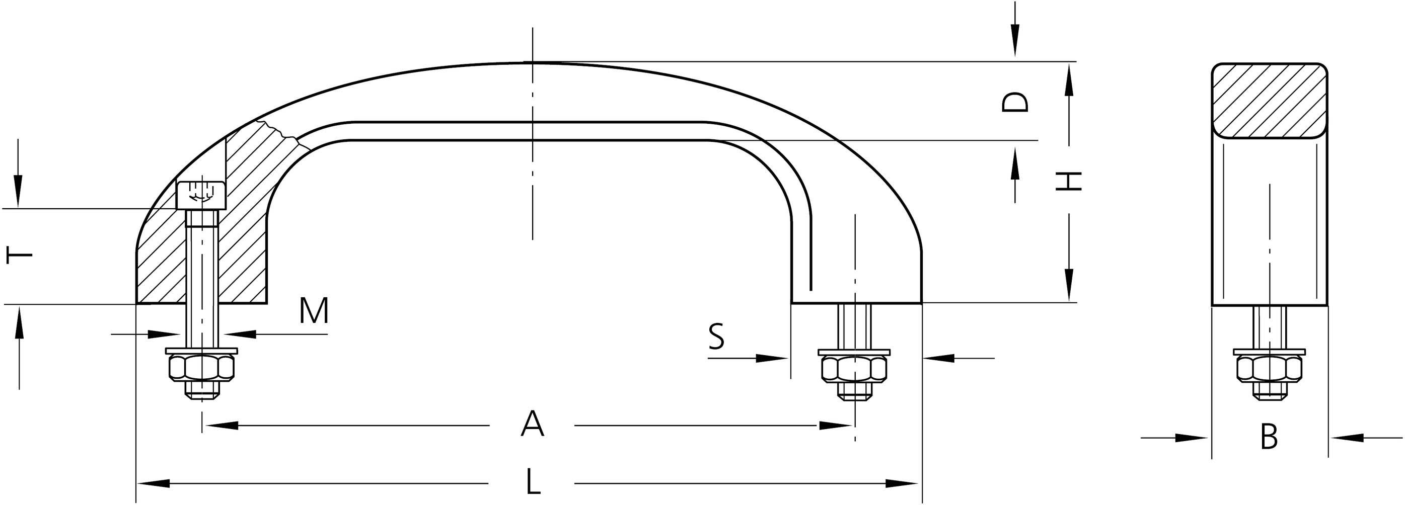 Rysunek techniczny zawieszki z wymiarami: wysokość (H), szerokość (B), długość (L), rozmiar gwintu (M), rozstaw śrub (S), grubość uchwytu (T).