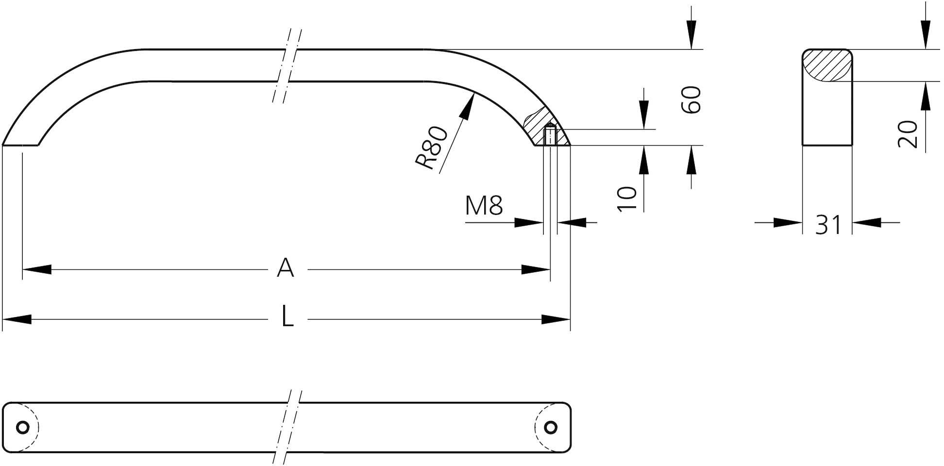Rysunek techniczny zakrzywionej rękojeści, wymiary: promień 80, otwór M8, długość L, szerokość A, wysokość 60, grubość 20, szerokość 31.
