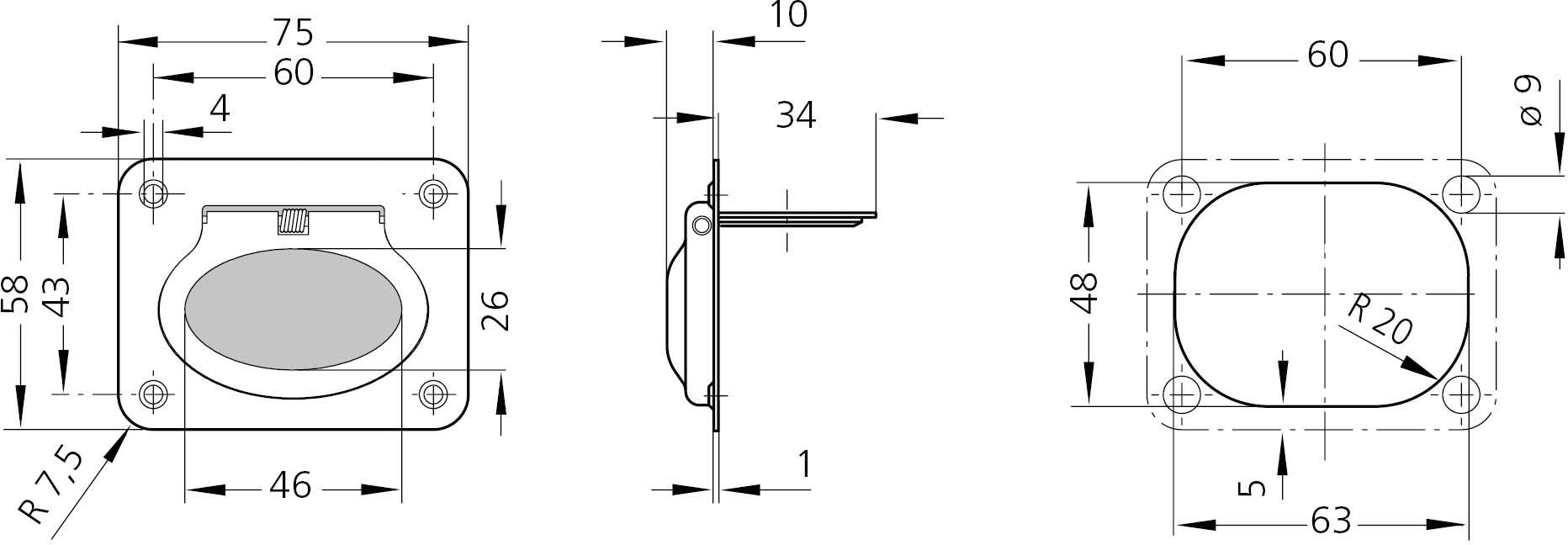 Rysunek techniczny prostokątnego elementu z zaokrąglonymi narożnikami i otworami. Wymiary i promienie są szczegółowo oznaczone.