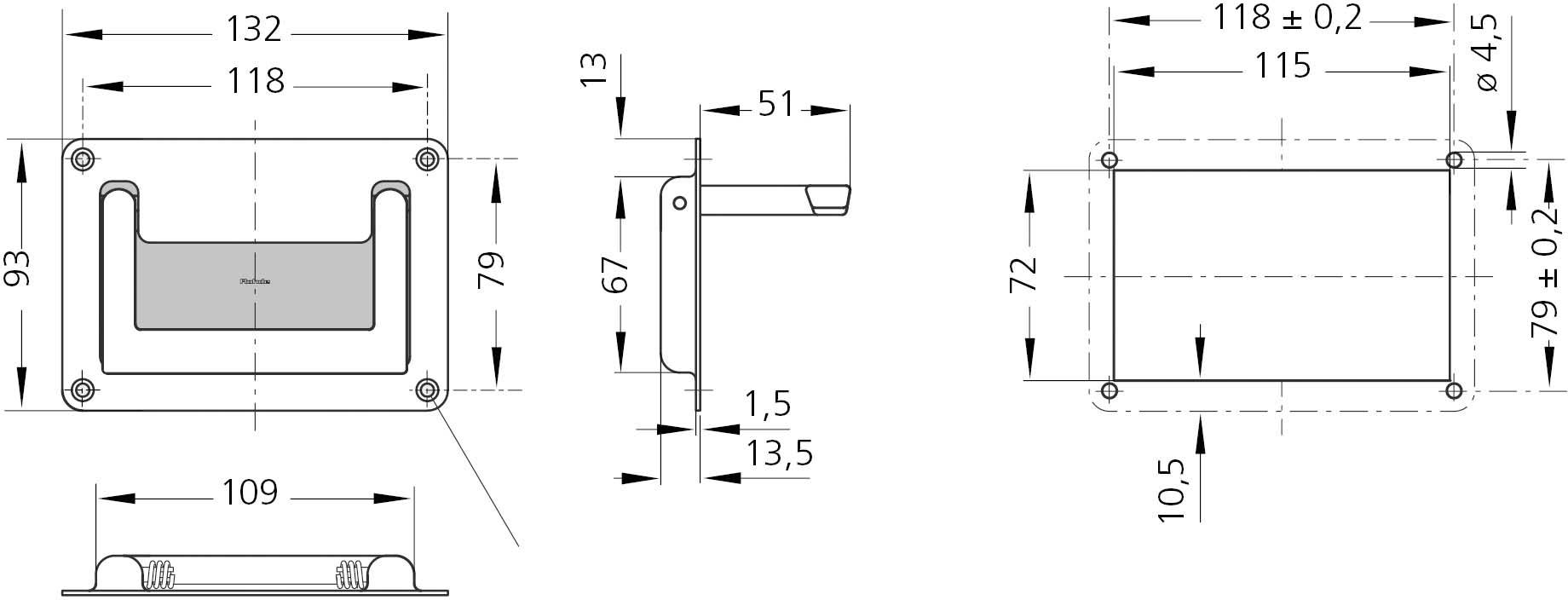 Rysunek techniczny prostokątnego uchwytu z wymiarami: szerokość 132 mm, wysokość 93 mm, widok z boku pokazuje głębokość 13,5 mm.