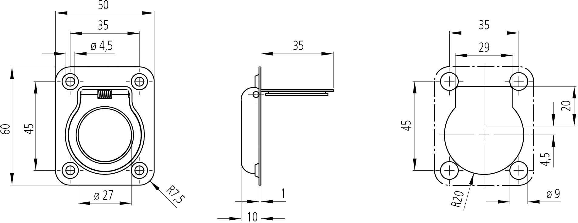 Rysunek techniczny prostokątnego złącza wtykowego z widokiem z przodu i z boku. Podane wymiary i promienie dla śrub montażowych.