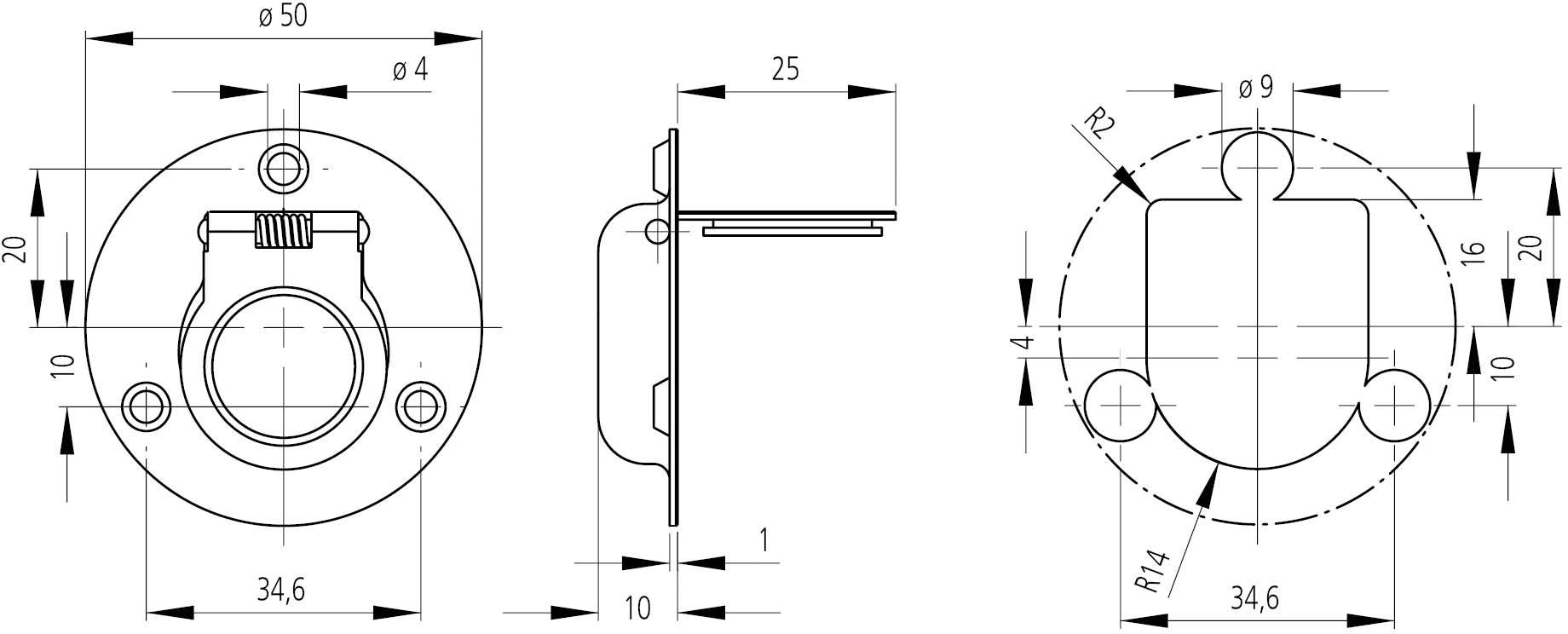 Rysunek techniczny zacisku montażowego z wymiarami w milimetrach. Widoki z przodu, z boku i z góry przedstawiają szczegóły i otwory mocujące.