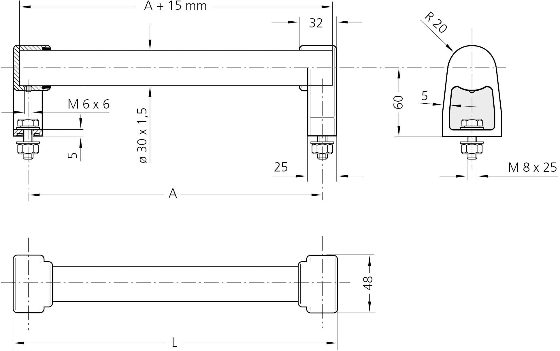 Rysunek techniczny uchwytu z wymiarami w milimetrach. U góry widok z boku z detalami, takimi jak śruba M6 i otwory. Na dole widok z przodu uchwytu.