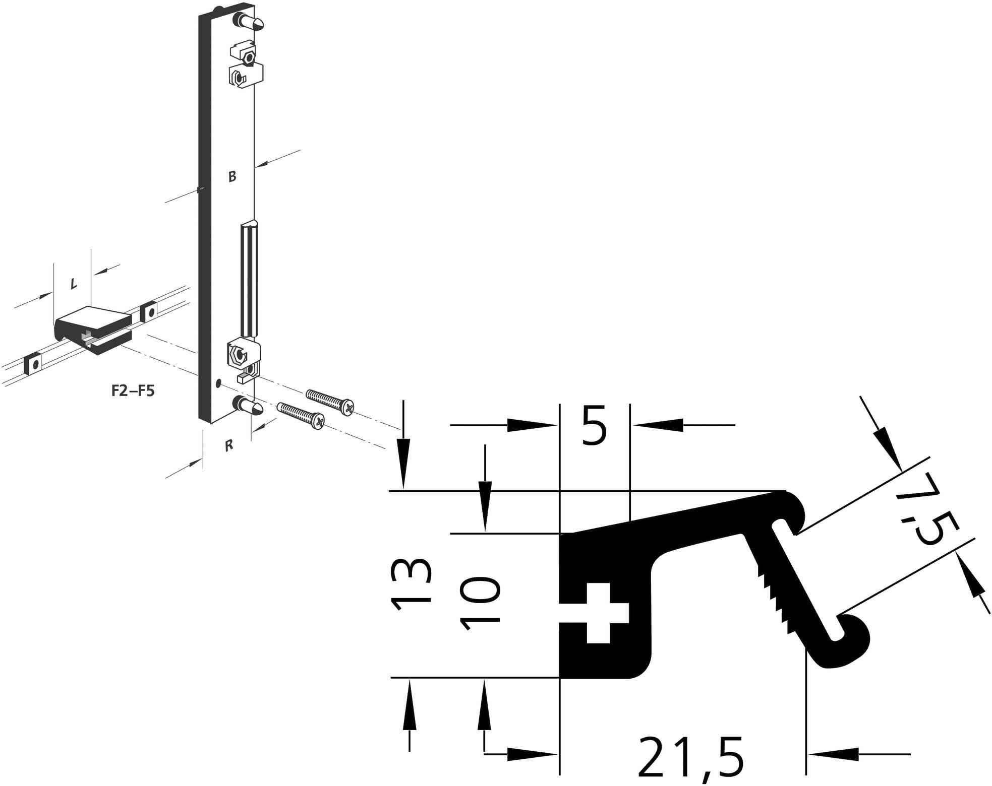 'Rysunek techniczny mechanizmu zacisku. Wymiary: 13 mm wysokości, 21,5 mm szerokości. Zawiera punkty mocowania śrub oraz haczyk zacisku.'