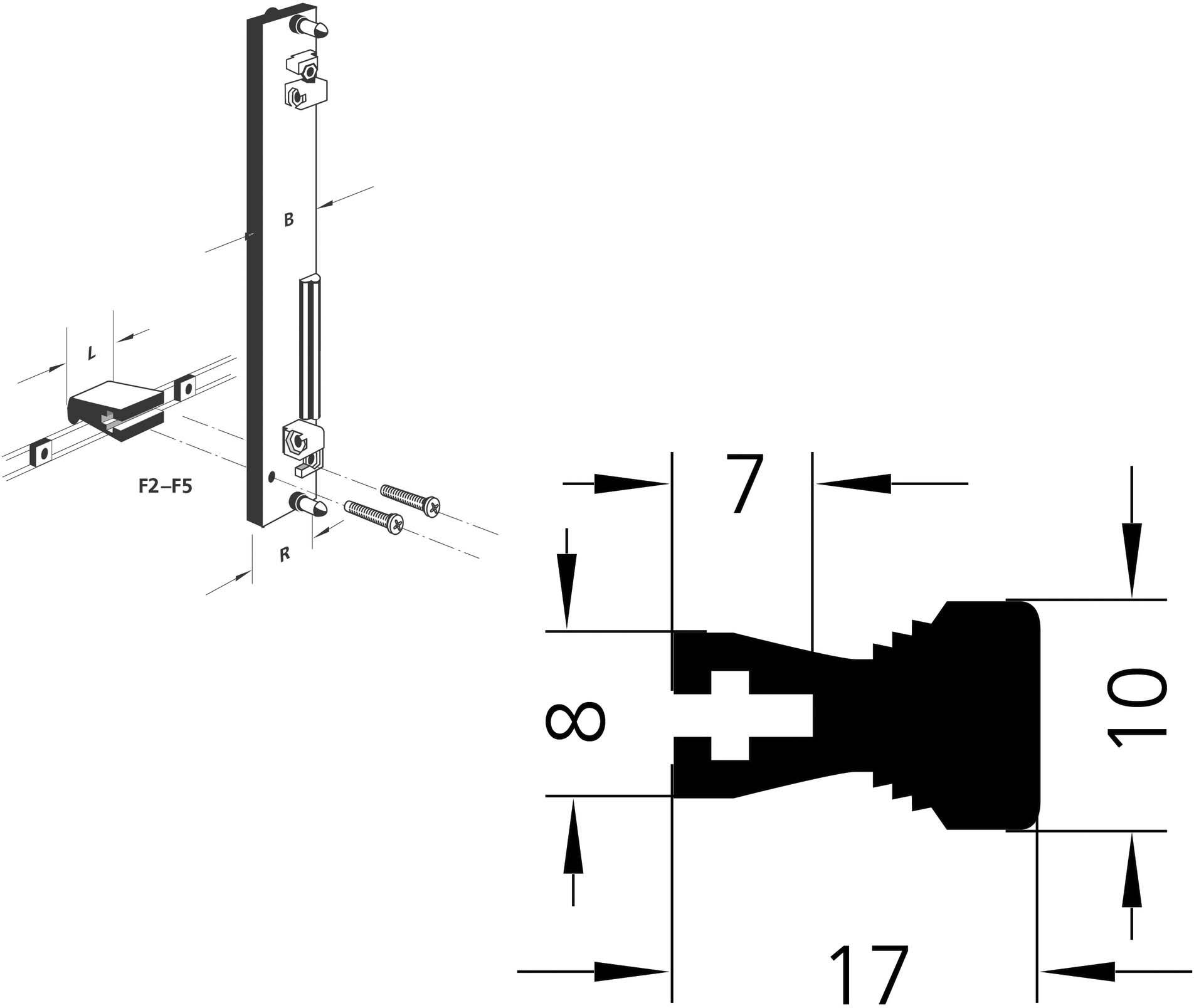 Rysunek techniczny wkręta z nacięciem z wymiarami: szerokość 7 mm, wysokość 10 mm, całkowita długość 17 mm.
