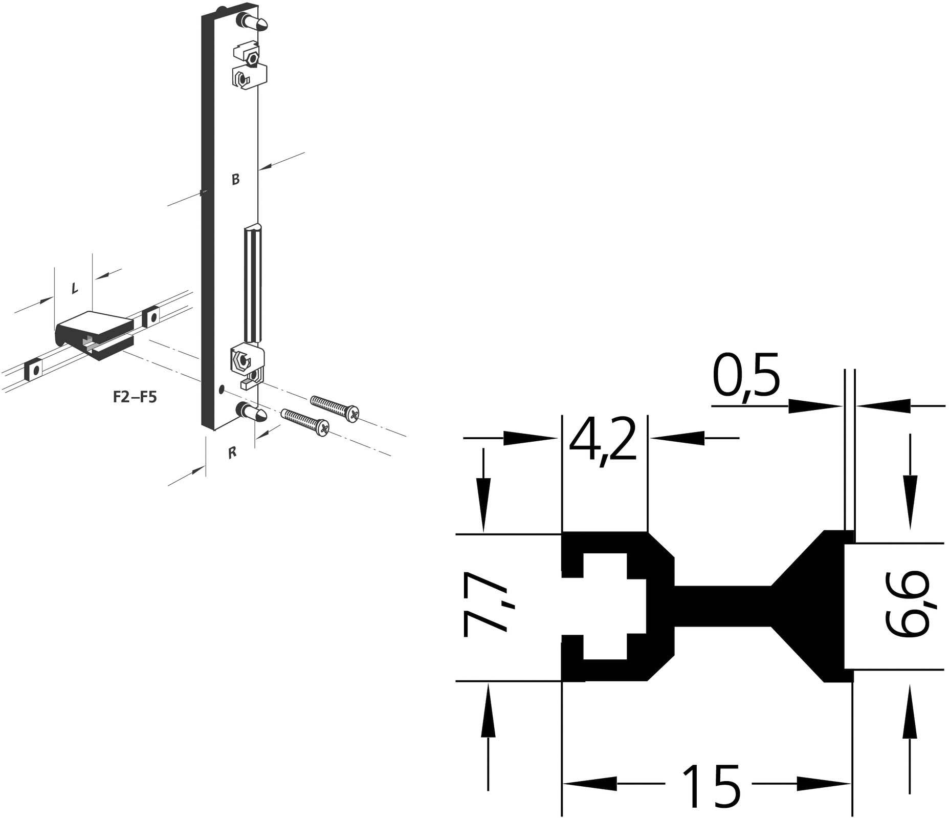 Rysunek techniczny przedstawia zawias oraz szczegóły jego montażu z wymiarami: 7,7 x 15 mm; wycięcie o długości 4,2 mm i szerokości 6,6 mm.