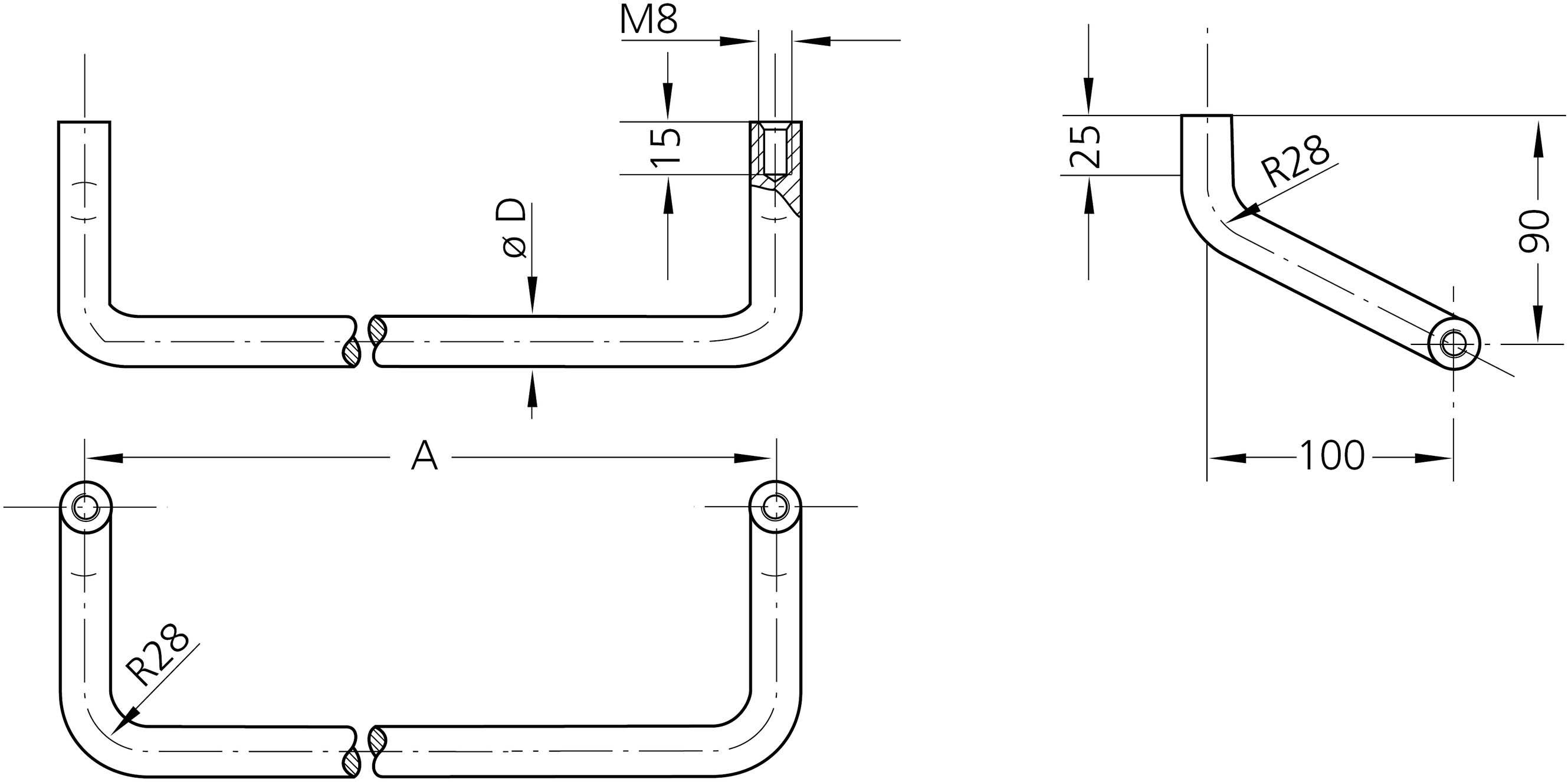 Rysunek techniczny: Dwie zakrzywione rury z wymiarami; po lewej: 'M8', 'øD', 'R28', '15', 'A'; po prawej: rura pod kątem 90 stopni z 'R28', '100', '25'.