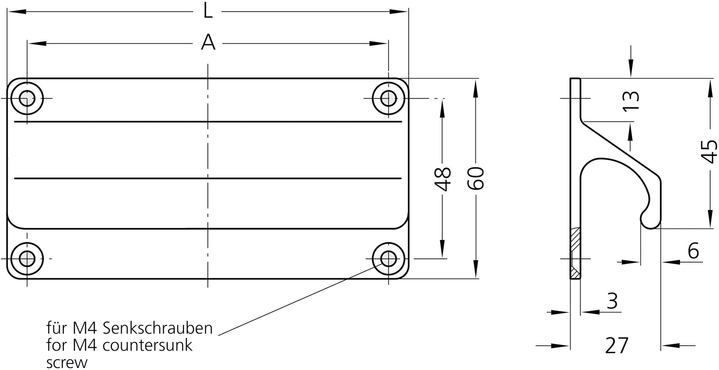 Rysunek techniczny prostokątnego elementu o wymiarach: długość 60 mm, szerokość 45 mm, wysokość 6 mm. Tekst: 'do śrub stożkowych M4'.