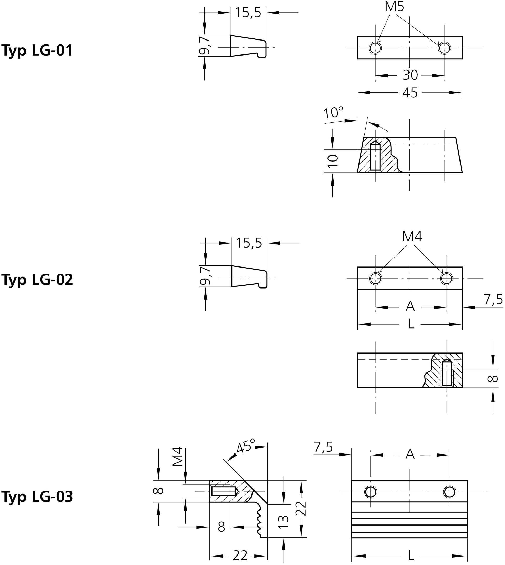 Rysunki techniczne trzech typów połączeń (LG-01, LG-02, LG-03) z wymiarami i szczegółami. Typ LG-02 posiada 10° nachylenie.