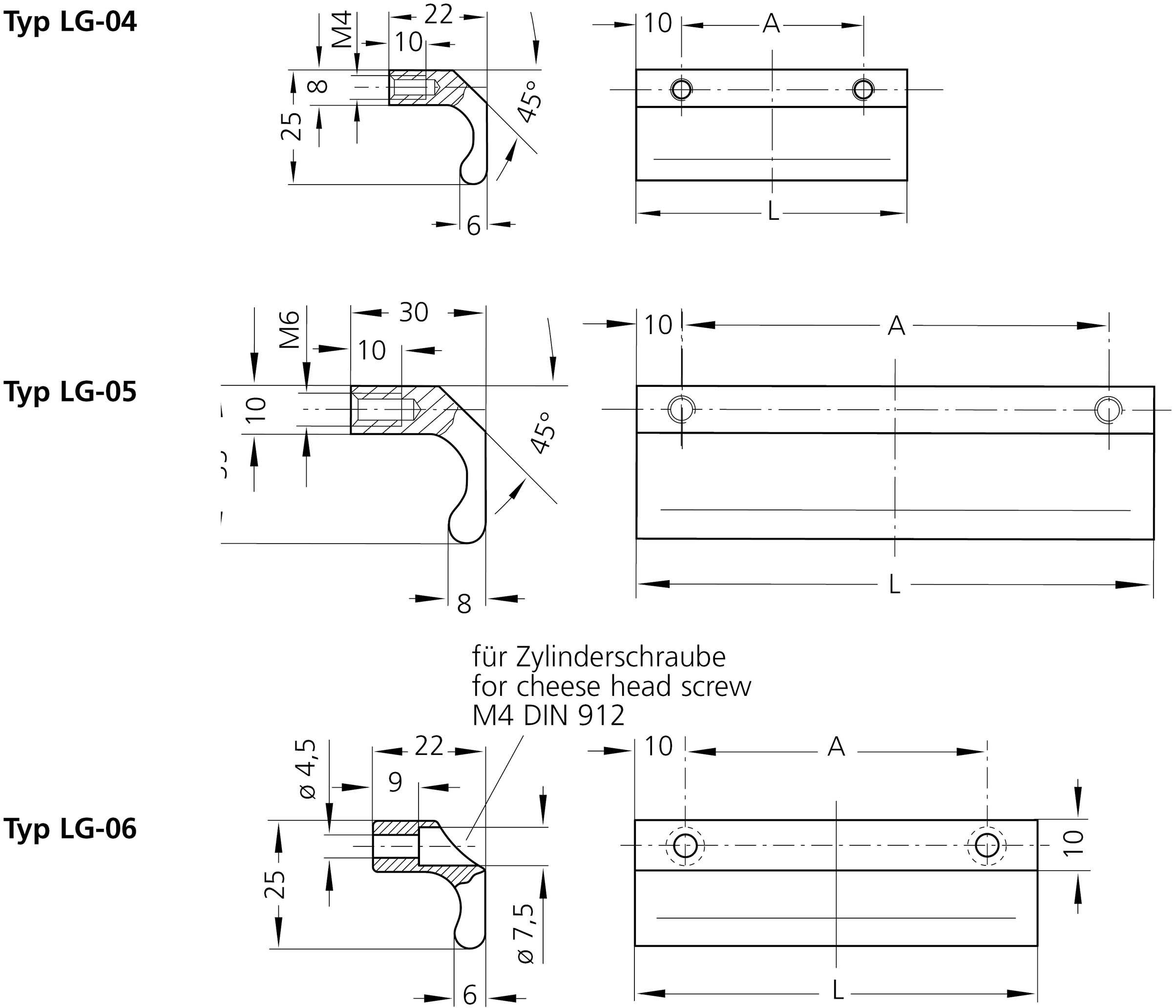 Rysunek techniczny trzech typów mocowań (LG-04, LG-05, LG-06) z wymiarami i szczegółami otworów montażowych dla śrub cylindrycznych M4/M6.